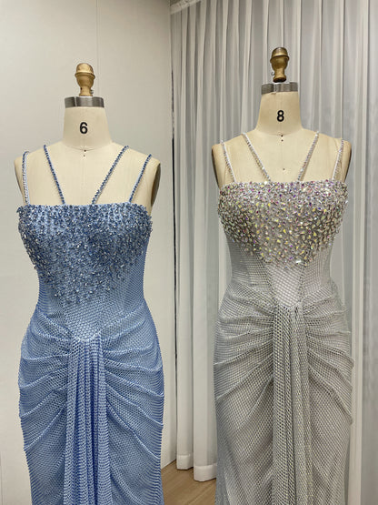 Blue Beaded Mermaid Prom Dress with Criss-Cross Straps MB40466