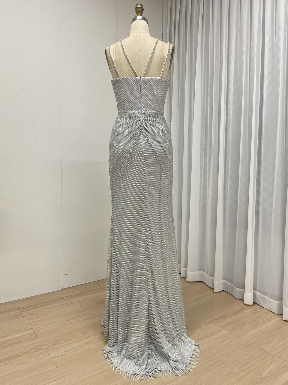 Blue Beaded Mermaid Prom Dress with Criss-Cross Straps MB40466