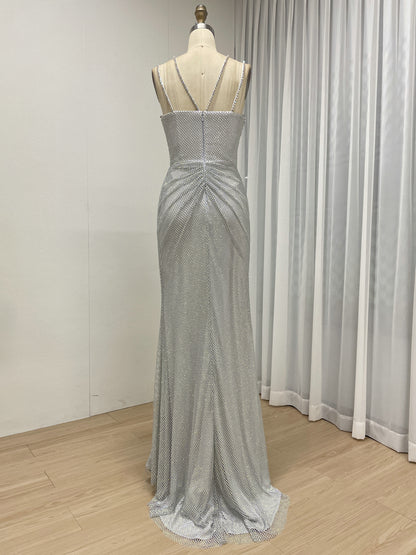 Blue Beaded Mermaid Prom Dress with Criss-Cross Straps MB40466