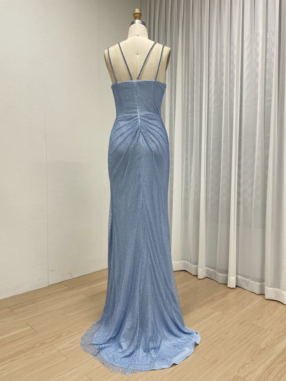 Blue Beaded Mermaid Prom Dress with Criss-Cross Straps MB40466