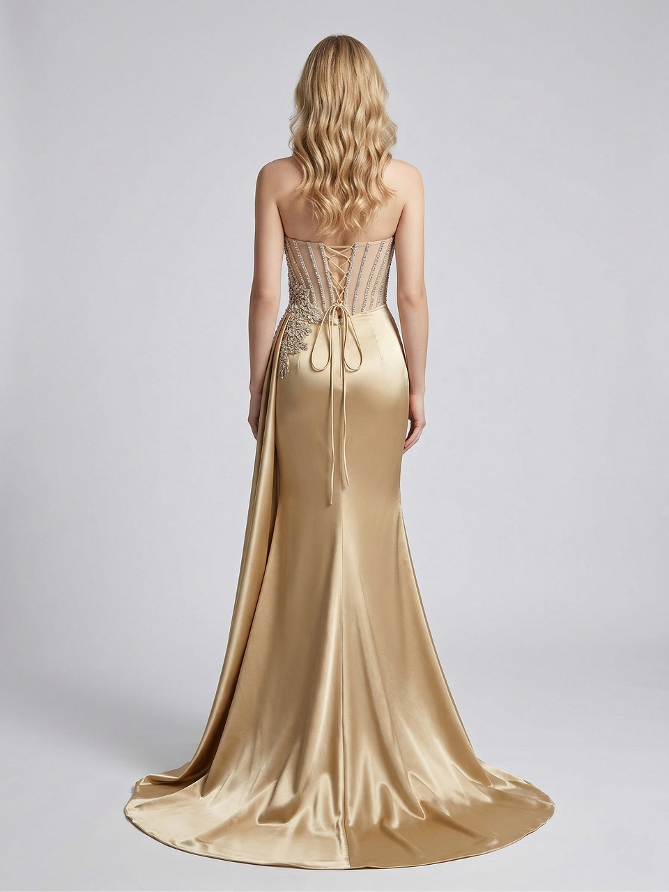 Gold Crystal Bodice Satin Evening Gown – High Slit Prom & Gala Dress MB40467