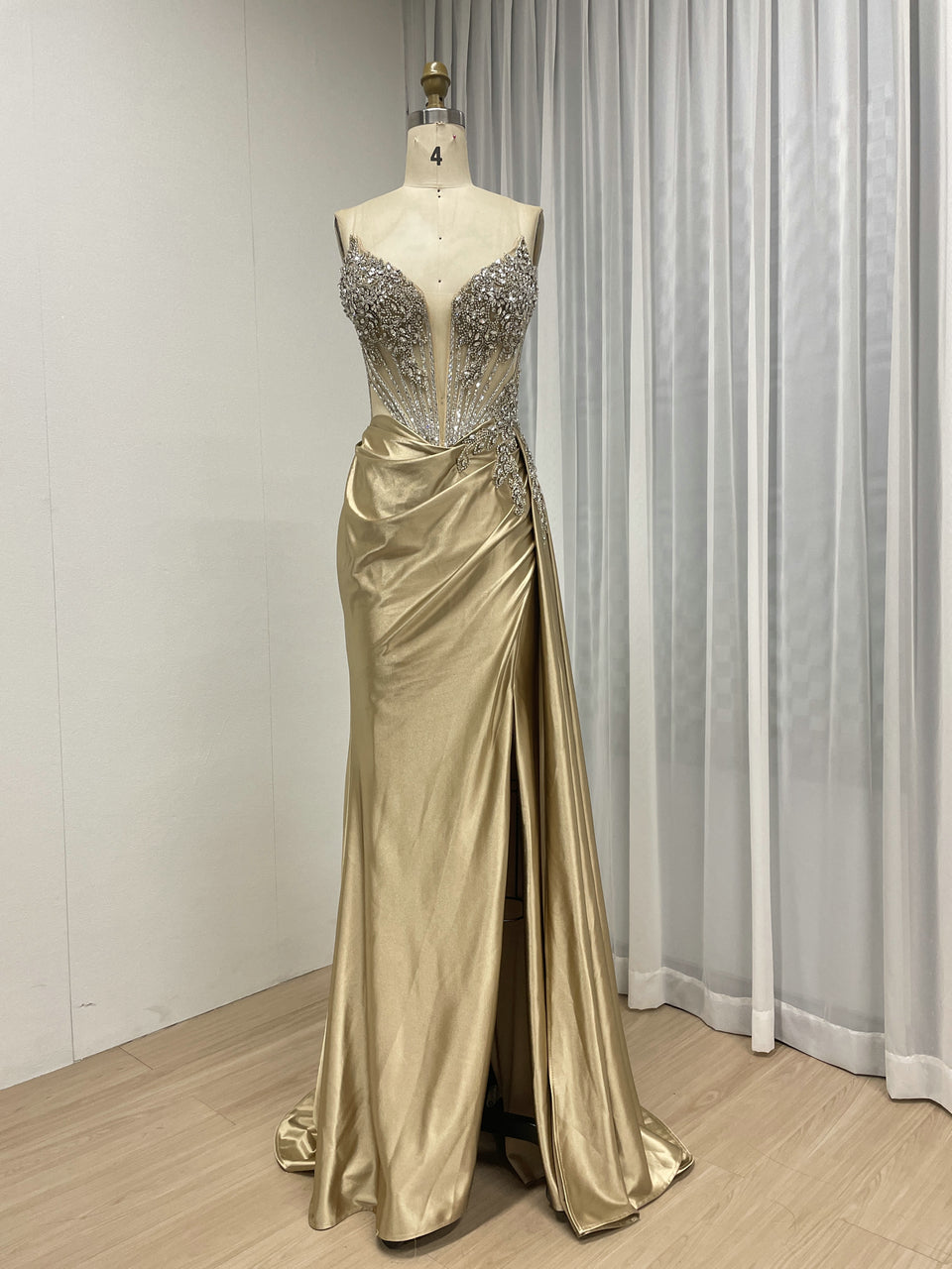 Gold Crystal Bodice Satin Evening Gown – High Slit Prom & Gala Dress MB40467