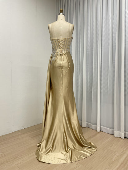 Gold Crystal Bodice Satin Evening Gown – High Slit Prom & Gala Dress MB40467