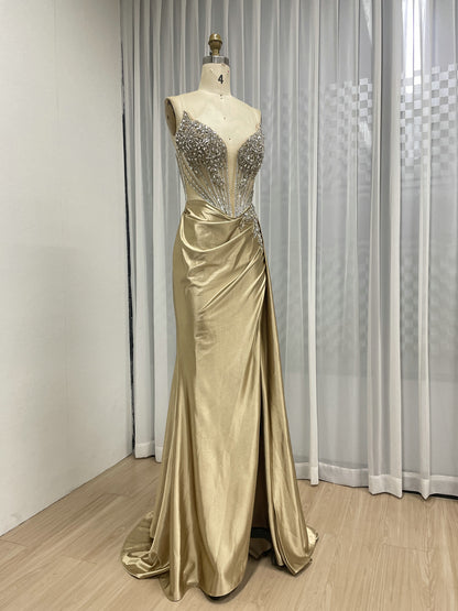 Gold Crystal Bodice Satin Evening Gown – High Slit Prom & Gala Dress MB40467