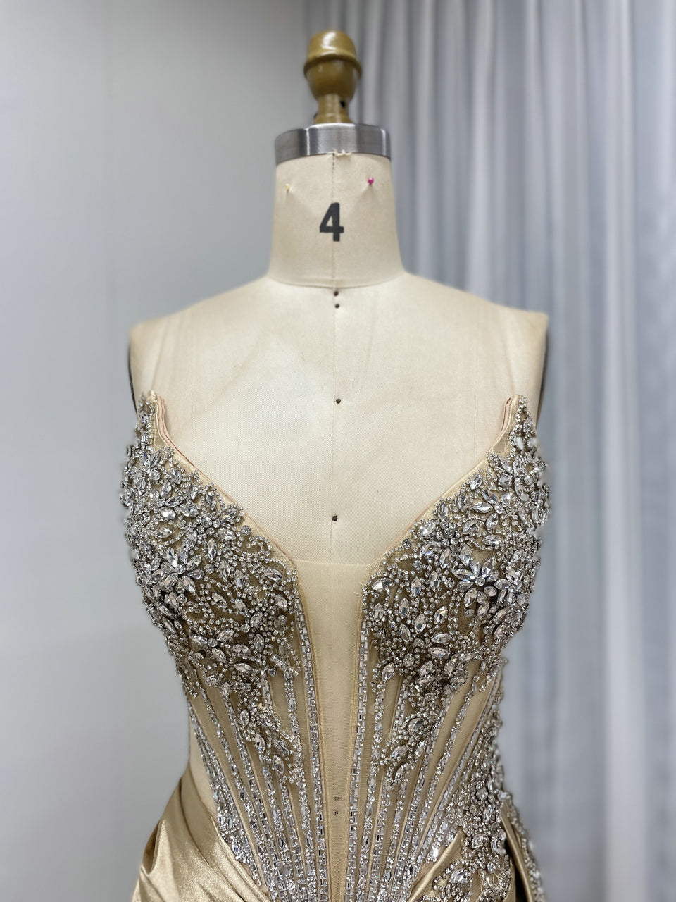 Gold Crystal Bodice Satin Evening Gown – High Slit Prom & Gala Dress MB40467