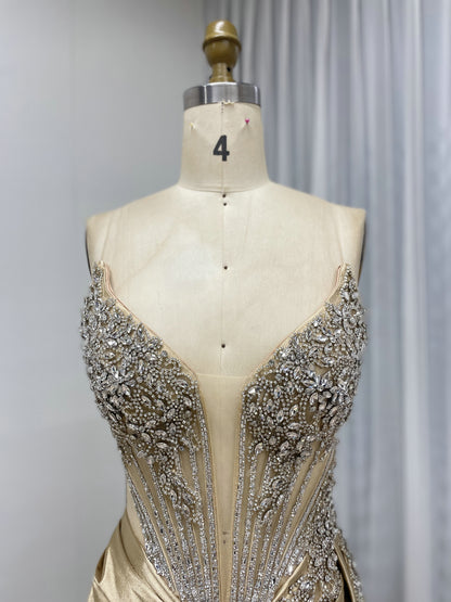 Gold Crystal Bodice Satin Evening Gown – High Slit Prom & Gala Dress MB40467