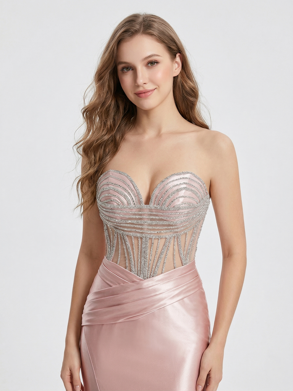 Pink Strapless Corset Prom Dress with Handmade Beading Bodice and High Slit MB40468