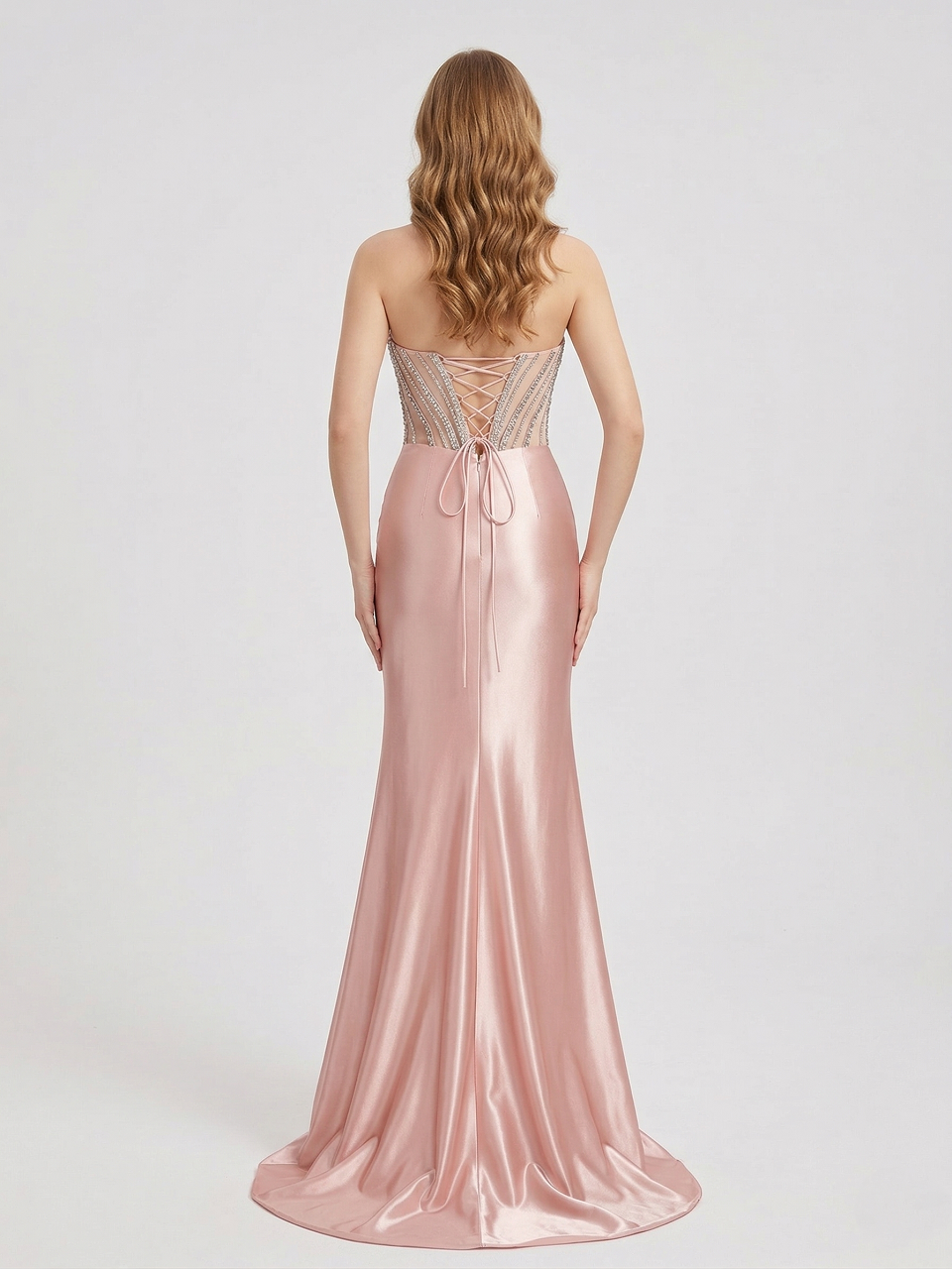 Pink Strapless Corset Prom Dress with Handmade Beading Bodice and High Slit MB40468