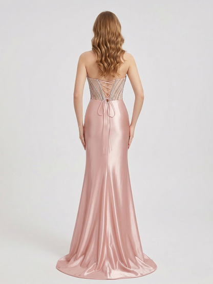 Pink Strapless Corset Prom Dress with Handmade Beading Bodice and High Slit MB40468
