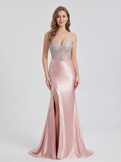 Pink Strapless Corset Prom Dress with Handmade Beading Bodice and High Slit MB40468