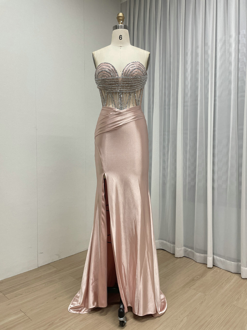 Pink Strapless Corset Prom Dress with Handmade Beading Bodice and High Slit MB40468