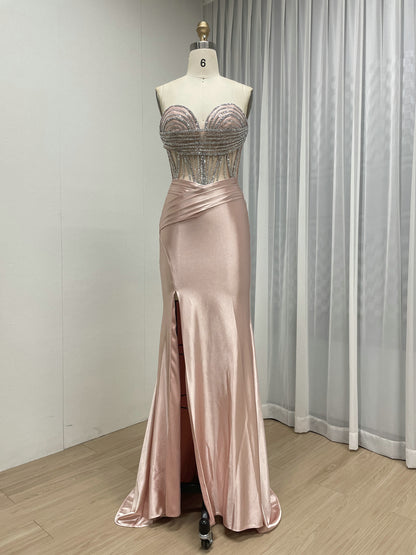 Pink Strapless Corset Prom Dress with Handmade Beading Bodice and High Slit MB40468