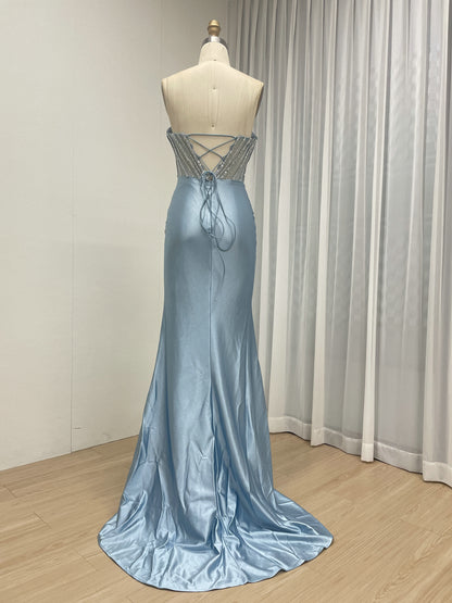 Pink Strapless Corset Prom Dress with Handmade Beading Bodice and High Slit MB40468