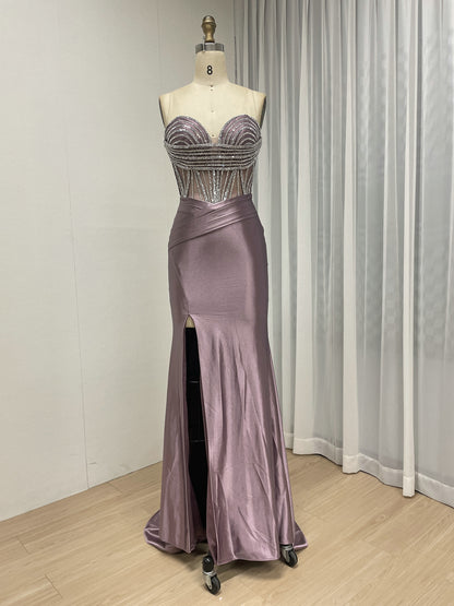 Pink Strapless Corset Prom Dress with Handmade Beading Bodice and High Slit MB40468