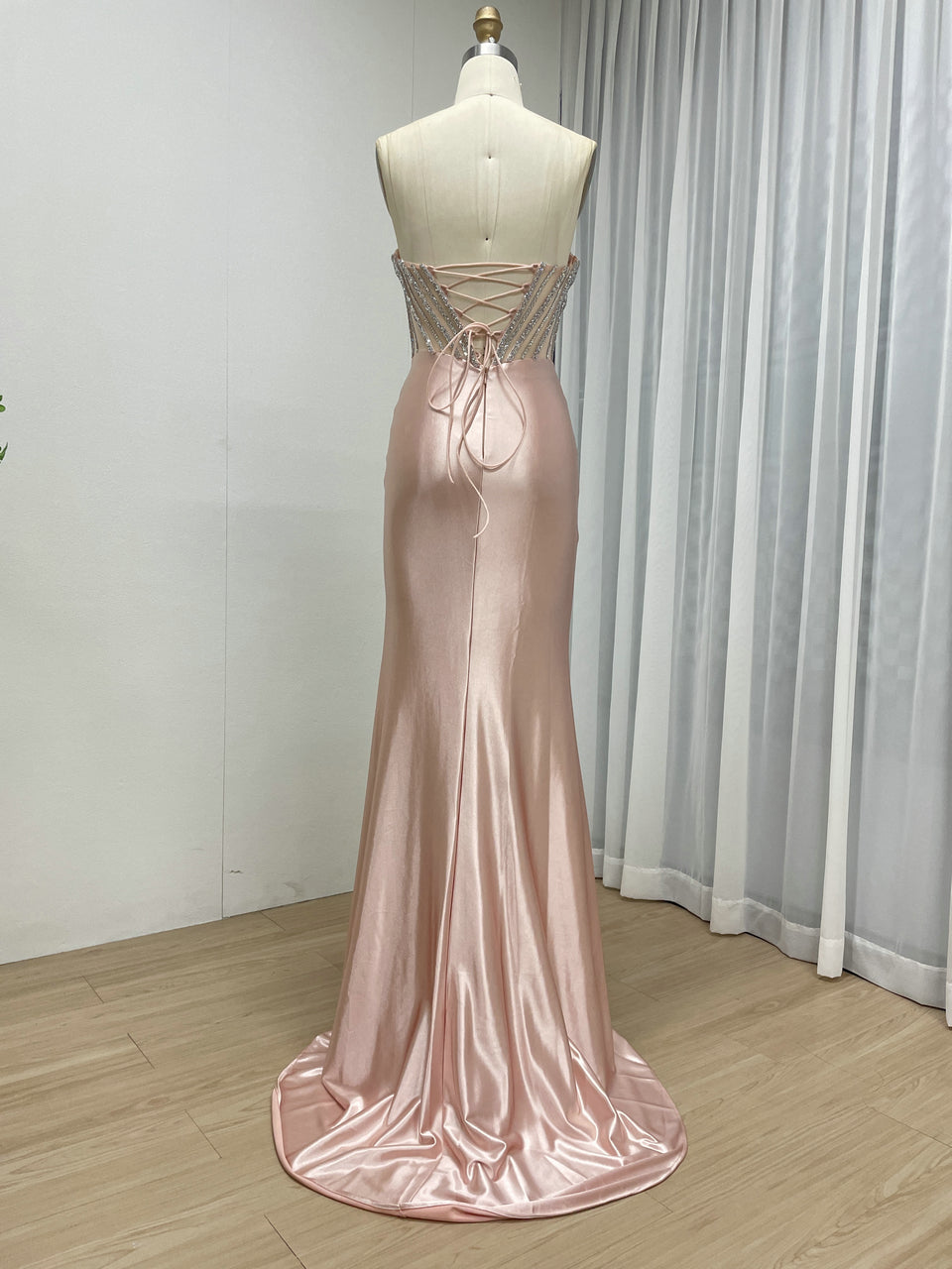 Pink Strapless Corset Prom Dress with Handmade Beading Bodice and High Slit MB40468