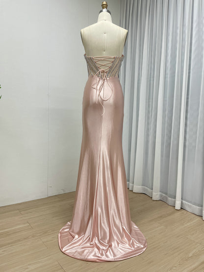 Pink Strapless Corset Prom Dress with Handmade Beading Bodice and High Slit MB40468