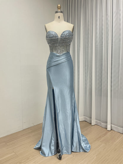 Pink Strapless Corset Prom Dress with Handmade Beading Bodice and High Slit MB40468