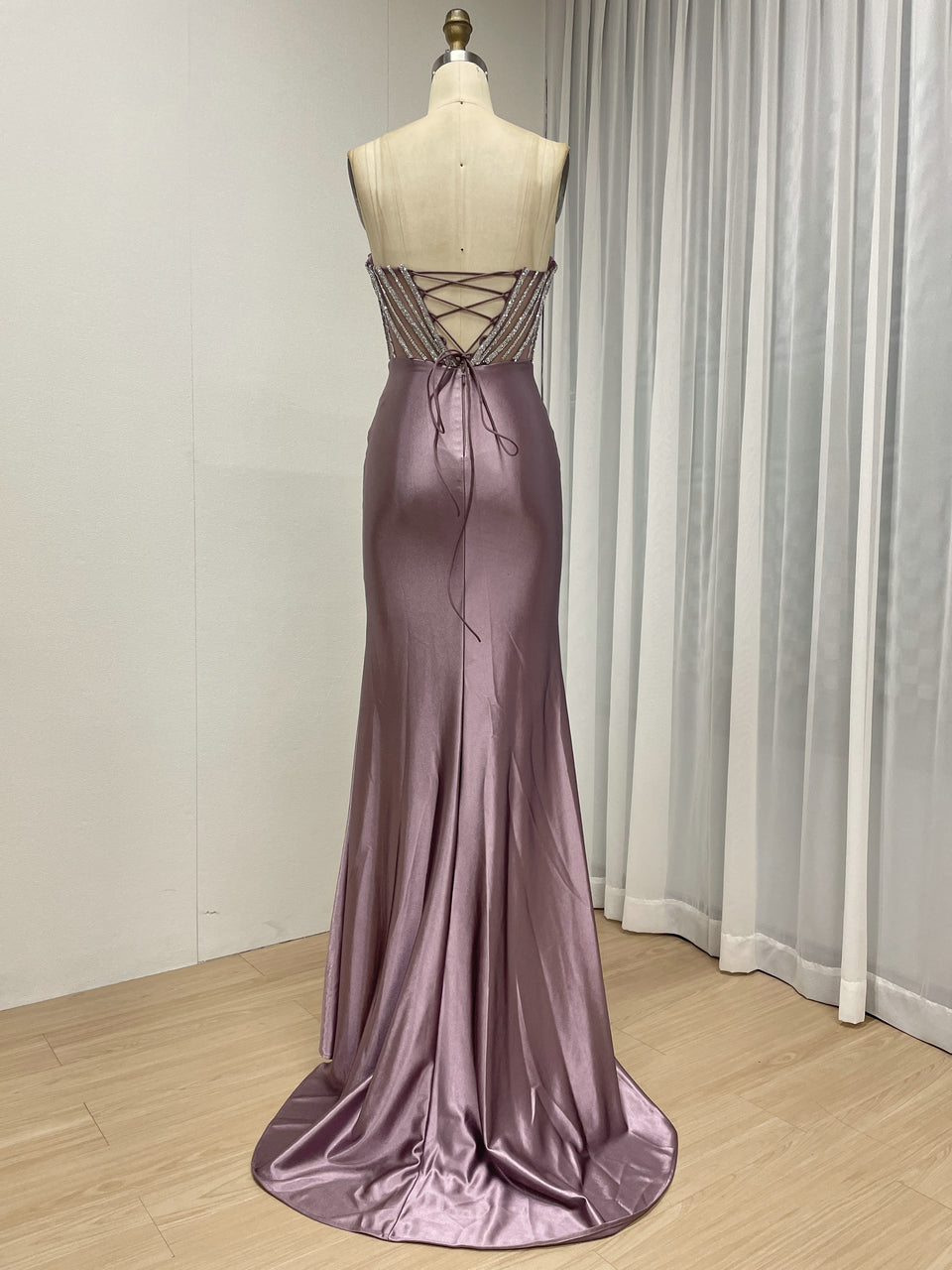 Pink Strapless Corset Prom Dress with Handmade Beading Bodice and High Slit MB40468