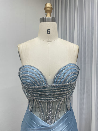 Pink Strapless Corset Prom Dress with Handmade Beading Bodice and High Slit MB40468