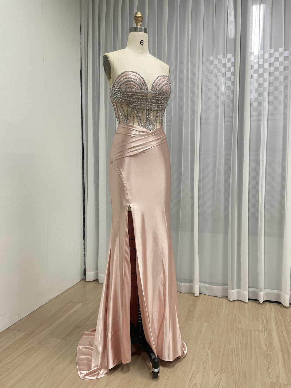 Pink Strapless Corset Prom Dress with Handmade Beading Bodice and High Slit MB40468
