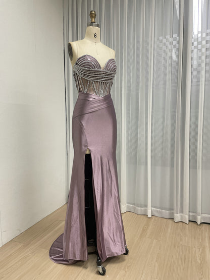 Pink Strapless Corset Prom Dress with Handmade Beading Bodice and High Slit MB40468