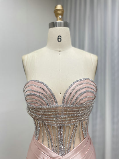 Pink Strapless Corset Prom Dress with Handmade Beading Bodice and High Slit MB40468
