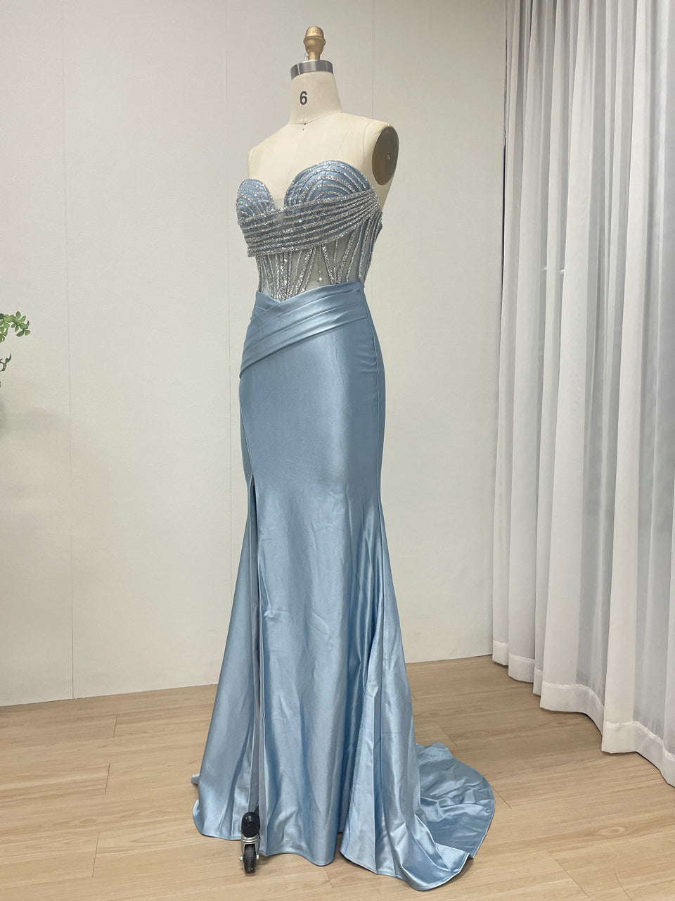 Pink Strapless Corset Prom Dress with Handmade Beading Bodice and High Slit MB40468