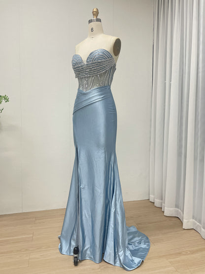 Pink Strapless Corset Prom Dress with Handmade Beading Bodice and High Slit MB40468