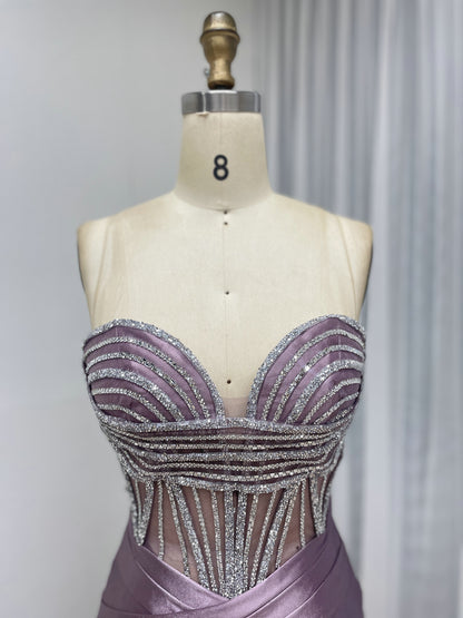 Pink Strapless Corset Prom Dress with Handmade Beading Bodice and High Slit MB40468