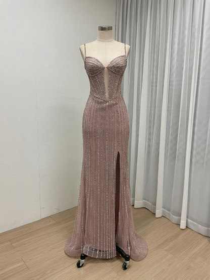 Brown Haute Couture Striped Evening Gown - Corset Prom Dress with High Slit MB40469