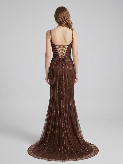 Brown Haute Couture Striped Evening Gown - Corset Prom Dress with High Slit MB40469