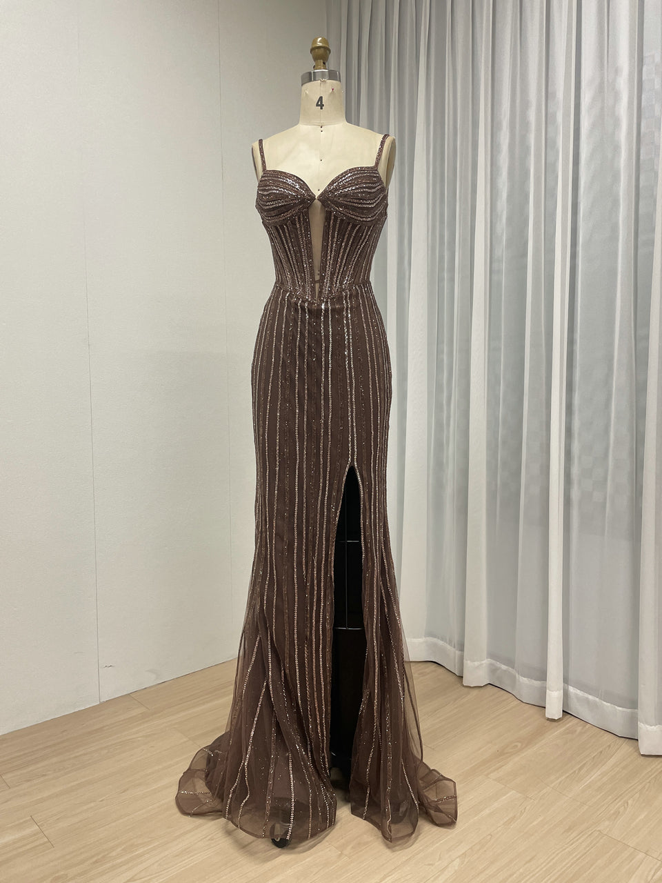 Brown Haute Couture Striped Evening Gown - Corset Prom Dress with High Slit MB40469