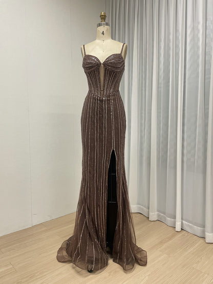 Brown Haute Couture Striped Evening Gown - Corset Prom Dress with High Slit MB40469