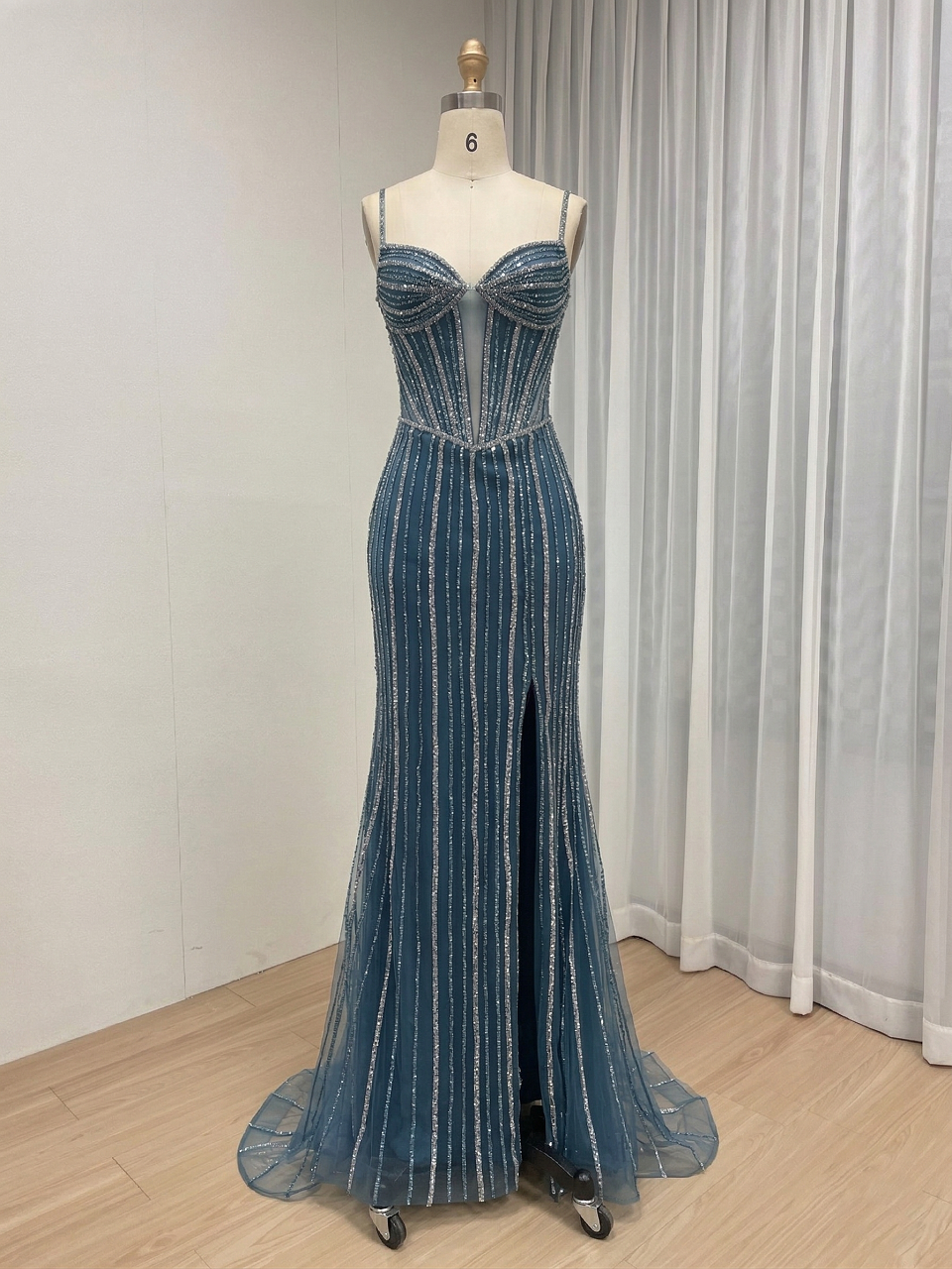 Brown Haute Couture Striped Evening Gown - Corset Prom Dress with High Slit MB40469