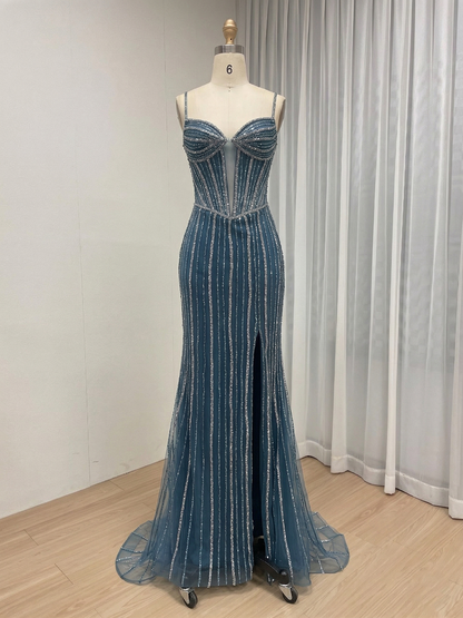 Brown Haute Couture Striped Evening Gown - Corset Prom Dress with High Slit MB40469