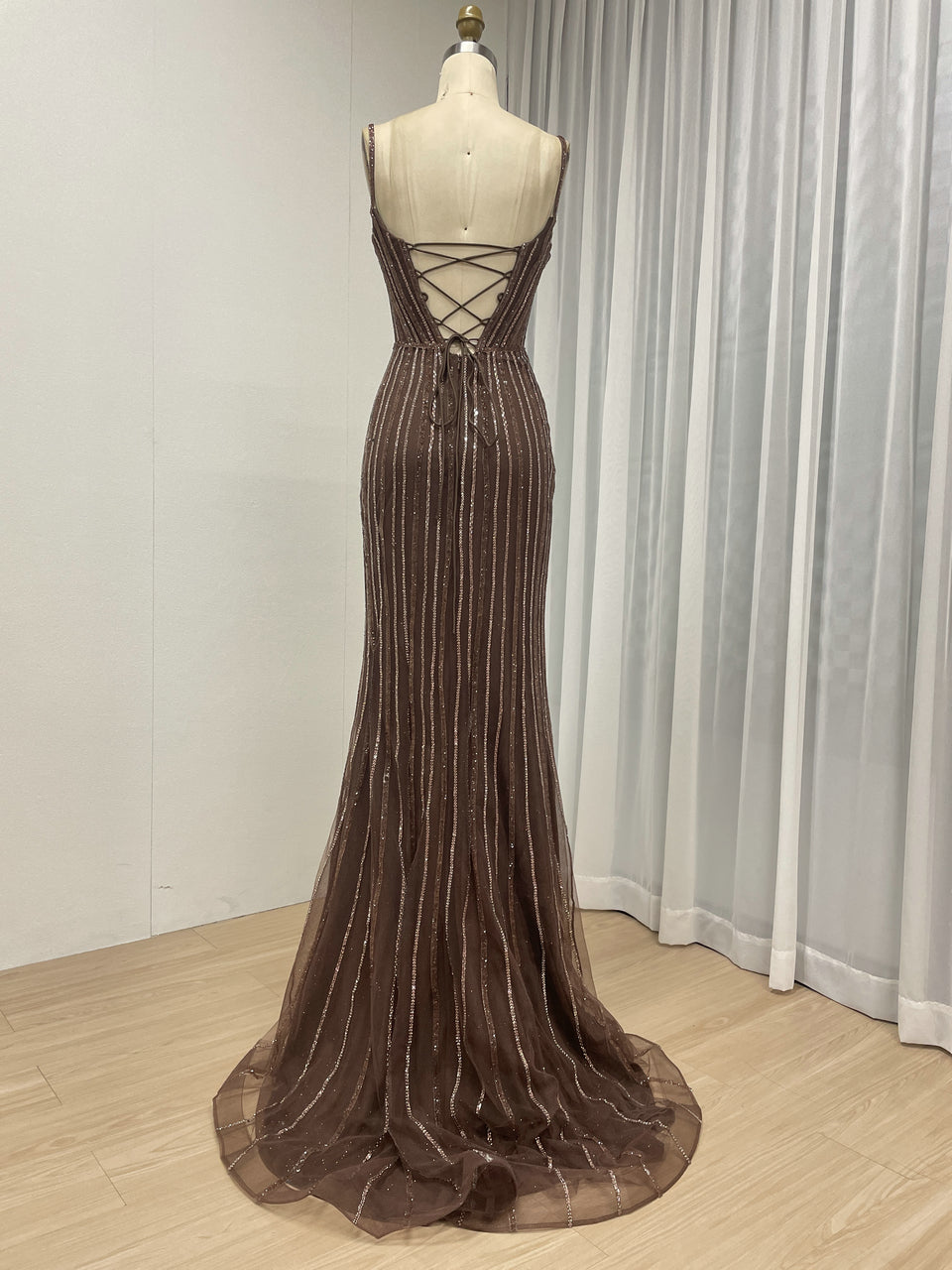 Brown Haute Couture Striped Evening Gown - Corset Prom Dress with High Slit MB40469