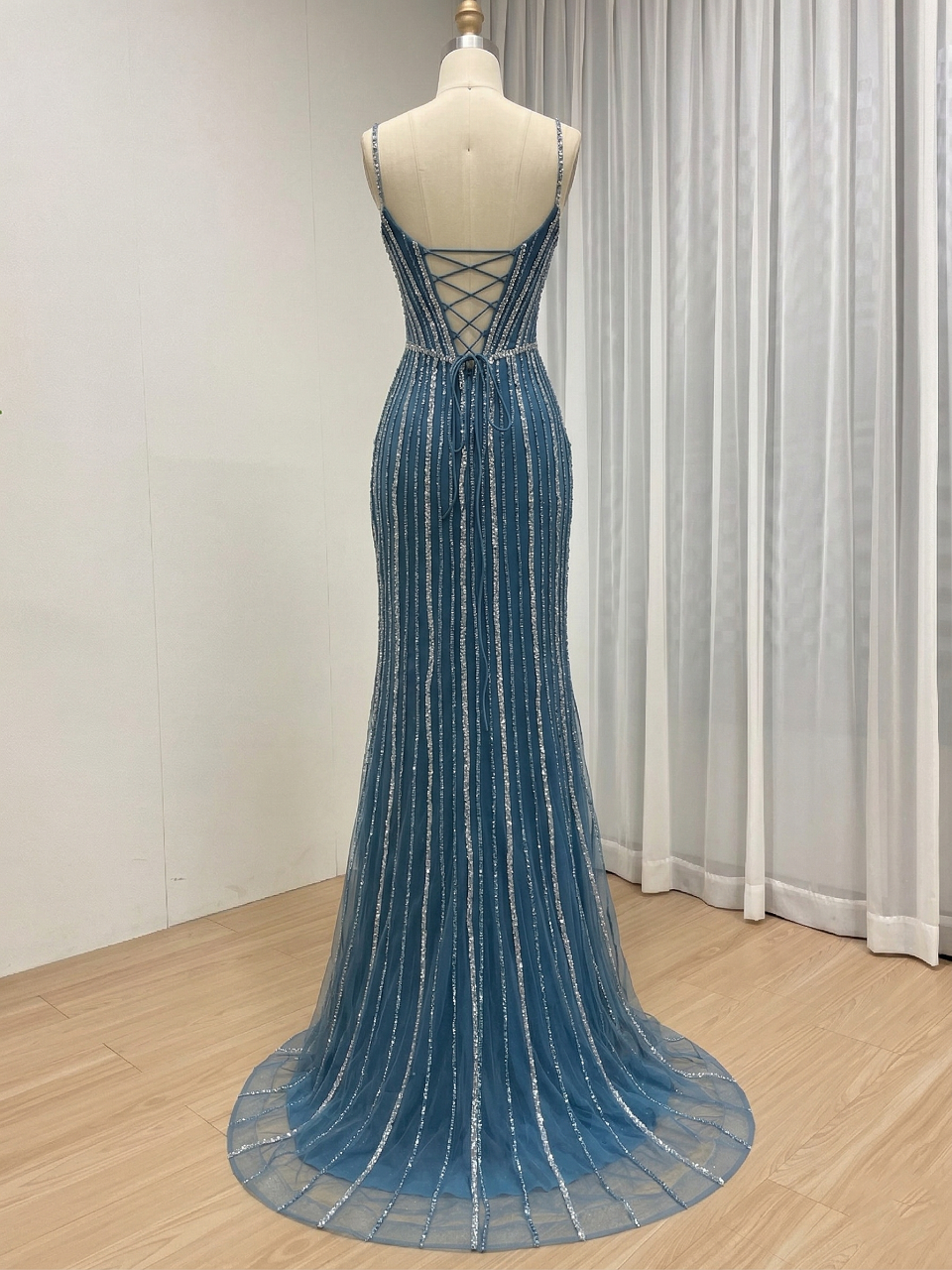 Brown Haute Couture Striped Evening Gown - Corset Prom Dress with High Slit MB40469