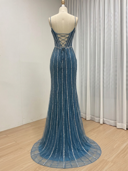 Brown Haute Couture Striped Evening Gown - Corset Prom Dress with High Slit MB40469