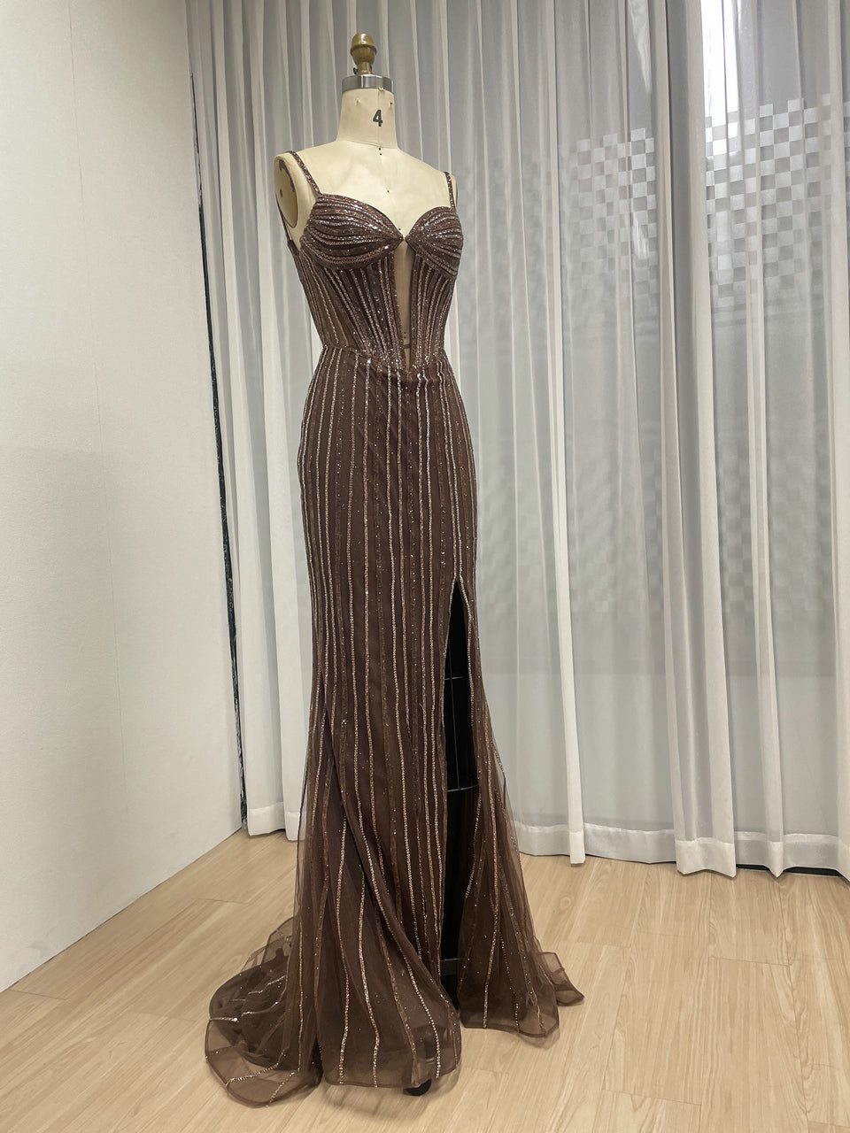 Brown Haute Couture Striped Evening Gown - Corset Prom Dress with High Slit MB40469