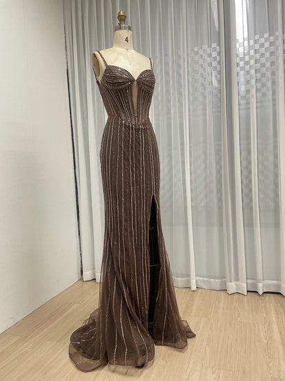 Brown Haute Couture Striped Evening Gown - Corset Prom Dress with High Slit MB40469