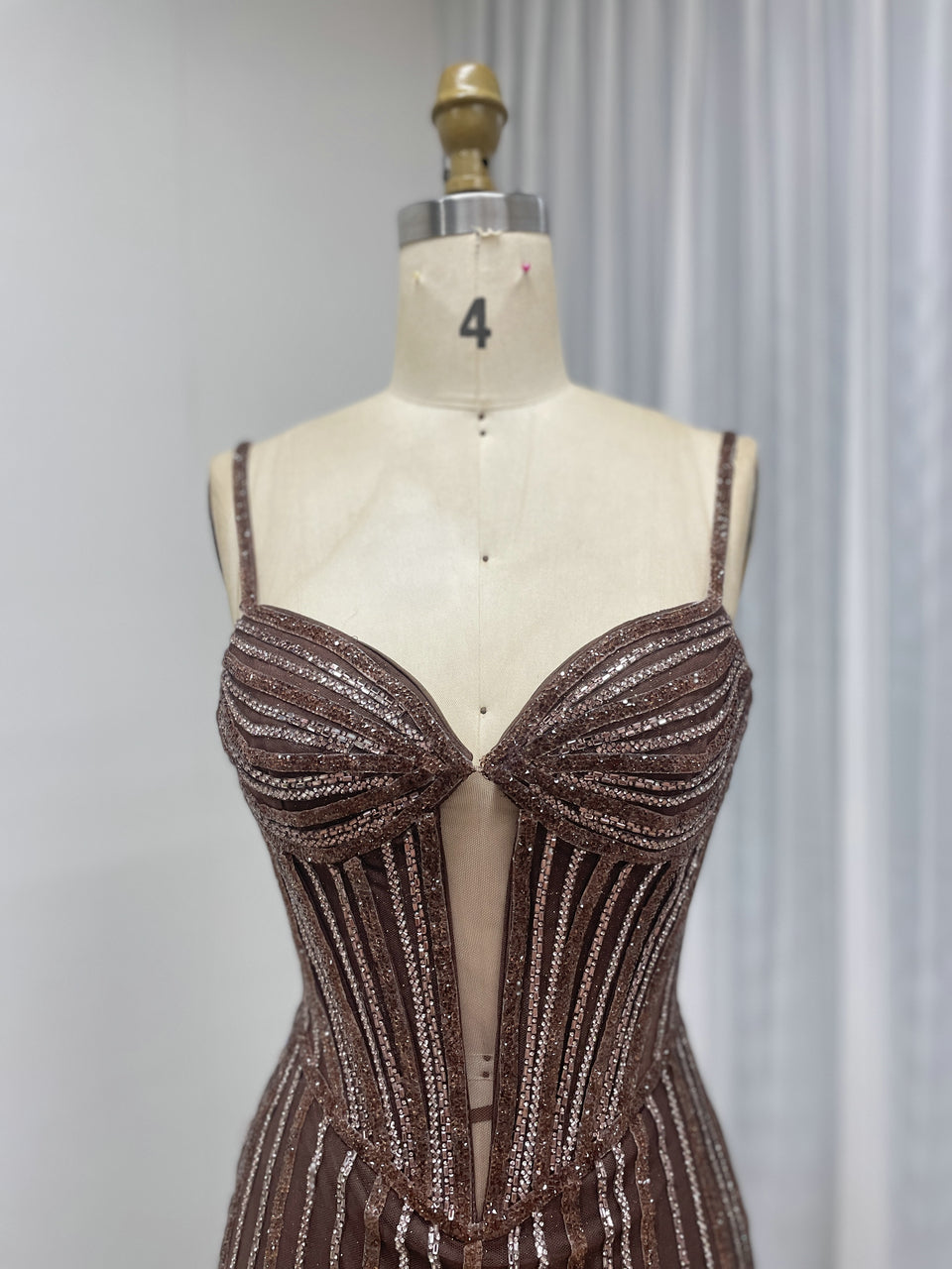 Brown Haute Couture Striped Evening Gown - Corset Prom Dress with High Slit MB40469