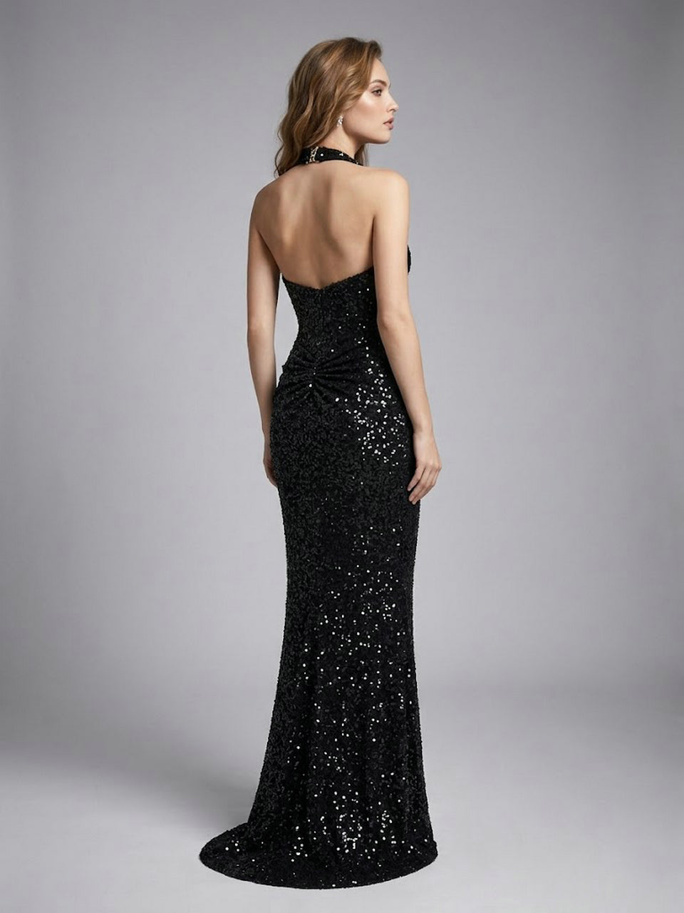 Black Crystal Beading Plunging V-Neck Halter Evening Gown MB40473