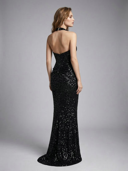 Black Crystal Beading Plunging V-Neck Halter Evening Gown MB40473