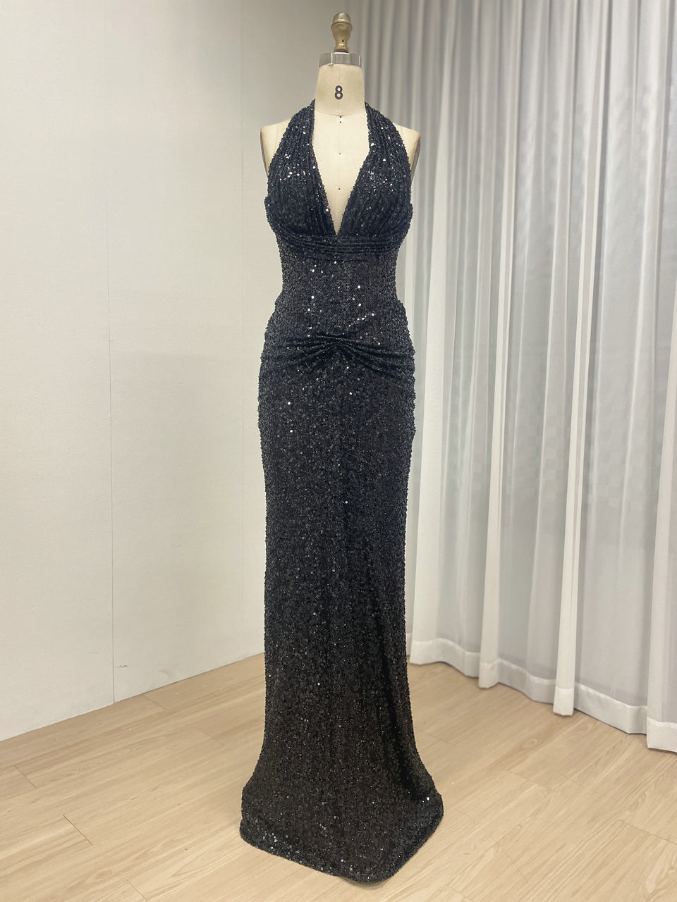 Black Crystal Beading Plunging V-Neck Halter Evening Gown MB40473