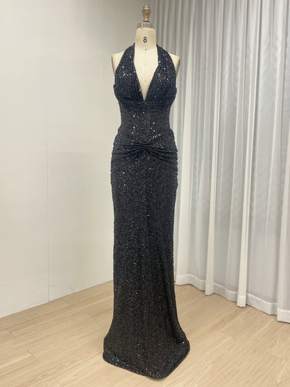 Black Crystal Beading Plunging V-Neck Halter Evening Gown MB40473