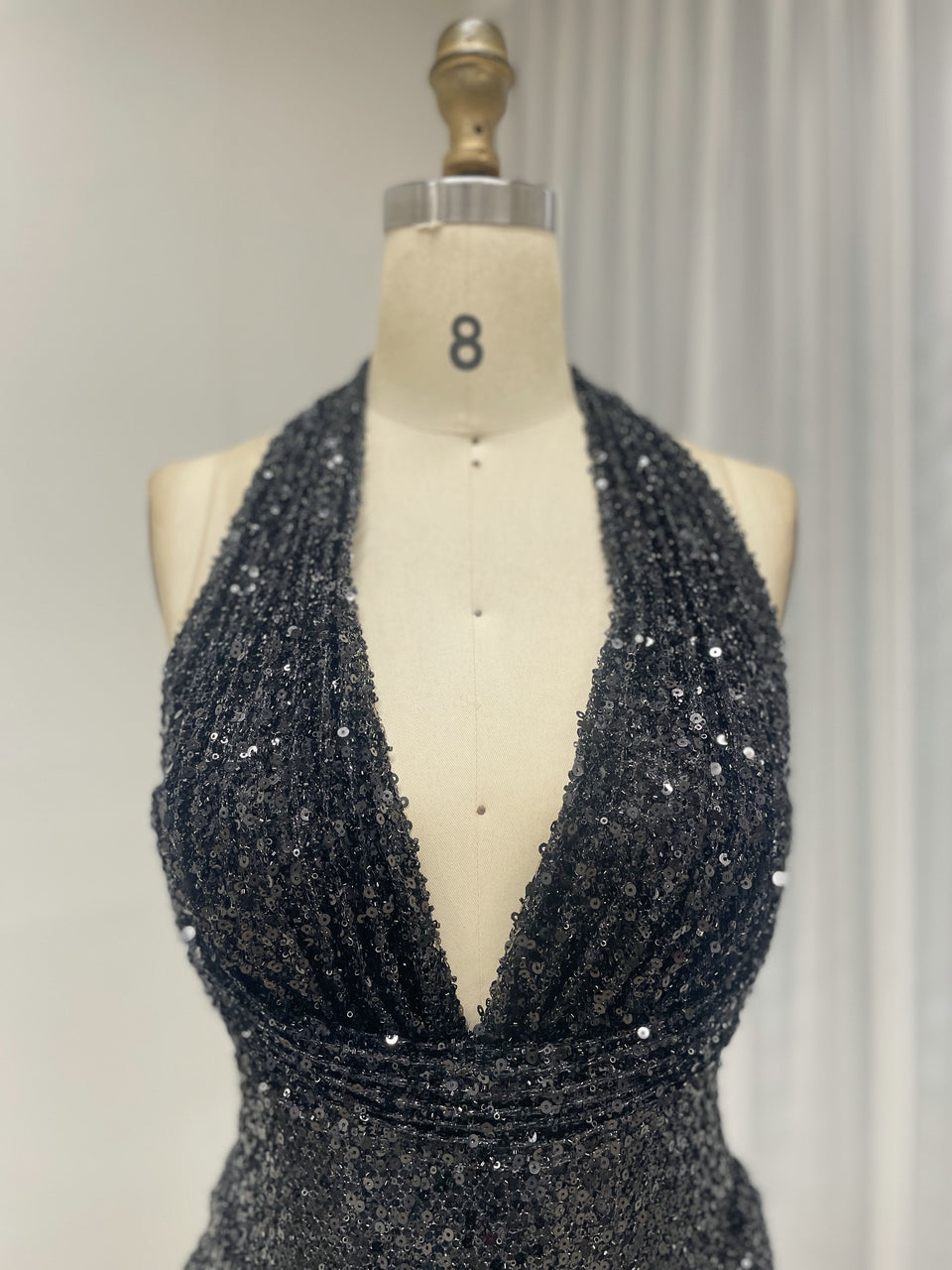 Black Crystal Beading Plunging V-Neck Halter Evening Gown MB40473