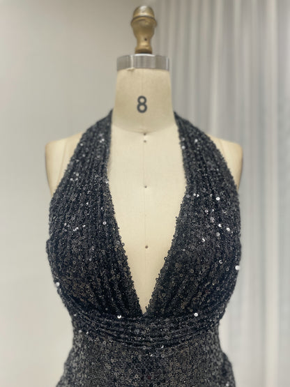Black Crystal Beading Plunging V-Neck Halter Evening Gown MB40473