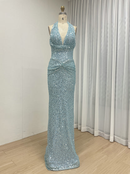 Black Crystal Beading Plunging V-Neck Halter Evening Gown MB40473