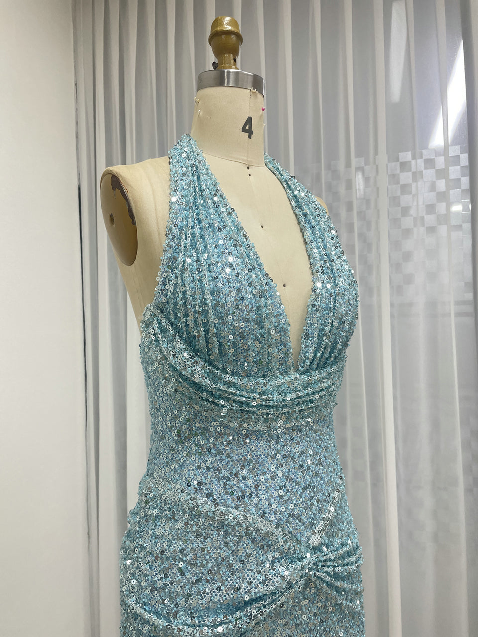 Black Crystal Beading Plunging V-Neck Halter Evening Gown MB40473