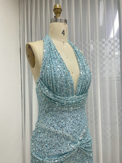 Black Crystal Beading Plunging V-Neck Halter Evening Gown MB40473